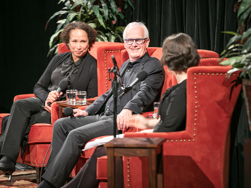 Virginia Johnson and Helgi Tomasson speaking to moderator Marina Harss at the Unbound: A Conversation on the Future of Ballet session, during Boundless: A Symposium on Ballet's Future. (© Chris Hardy)