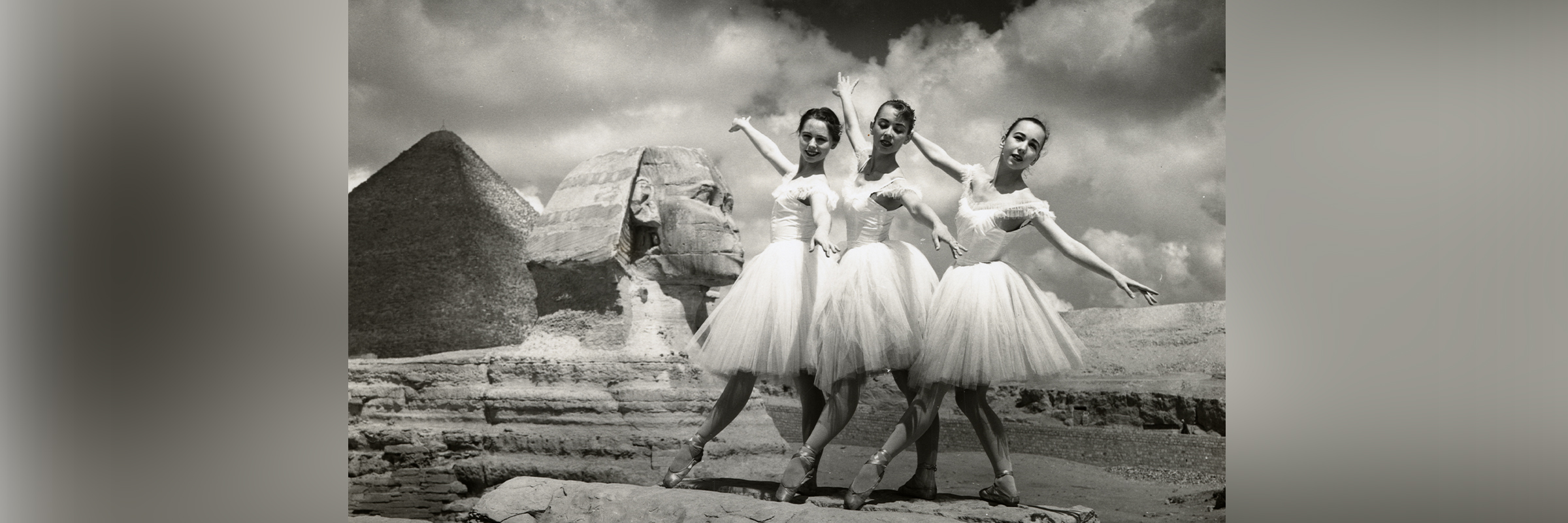 Louise Lawler, Constance Coler, and Sue Loyd near the Sphinx in Giza, Egypt as part of San Francisco Ballet's 1959 Middle East Tour