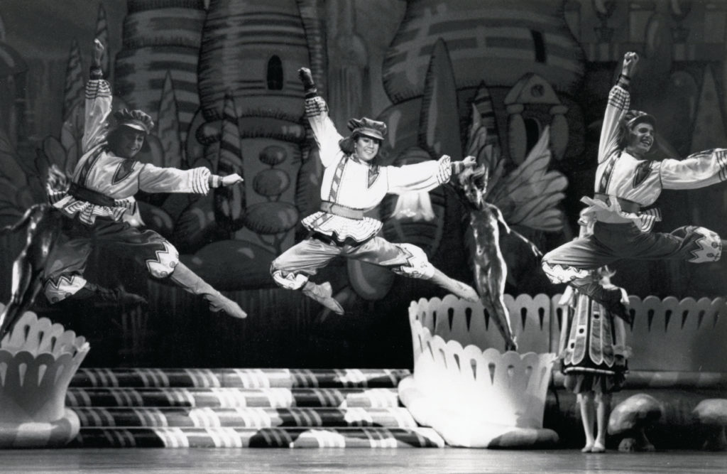Gregory Russell, Andre Reyes, and Christopher Anderson as Russian Cossacks in Lew Christensen's Nutcracker, 1986. (© Marty Sohl. Photo courtesy of SFMPD.)