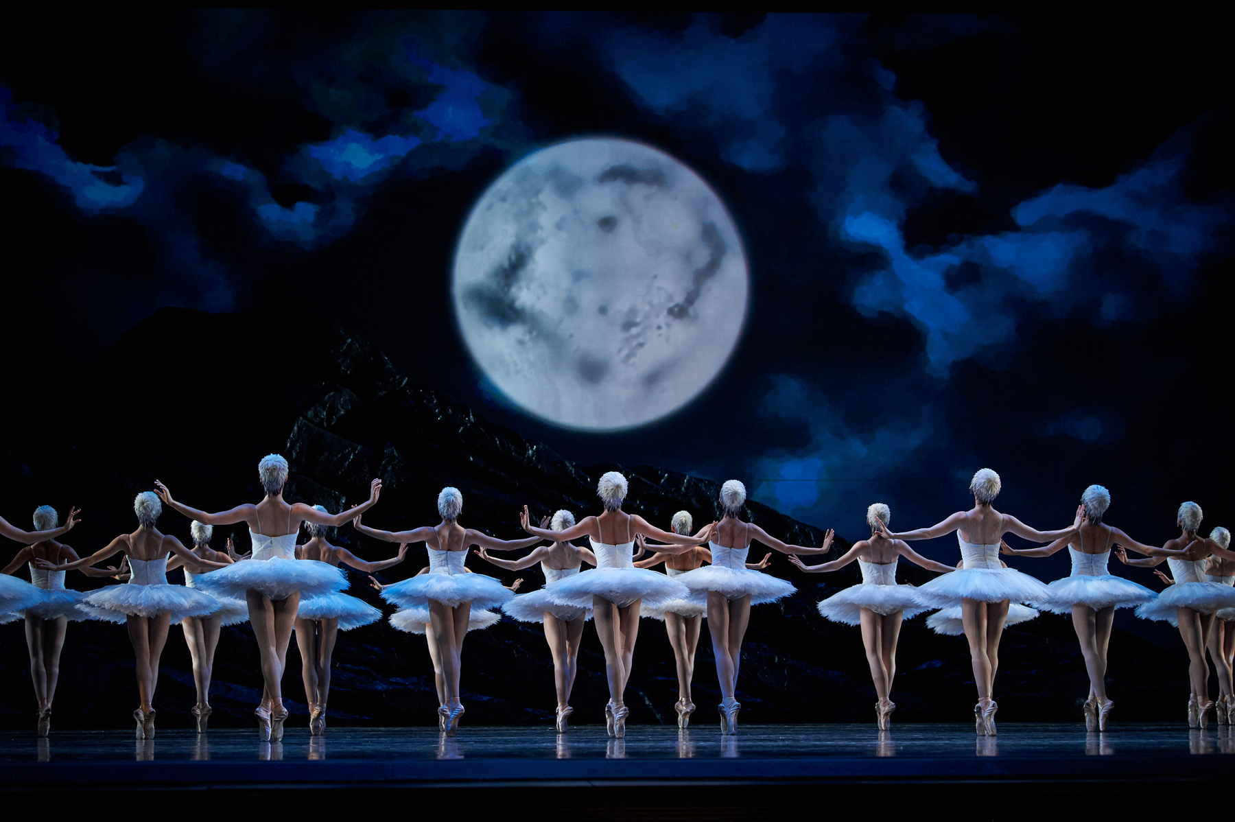 Rows of swans—wearing white feathered bodices, tutus, and skull caps—balance on pointe, facing away, gazing up at a full moon