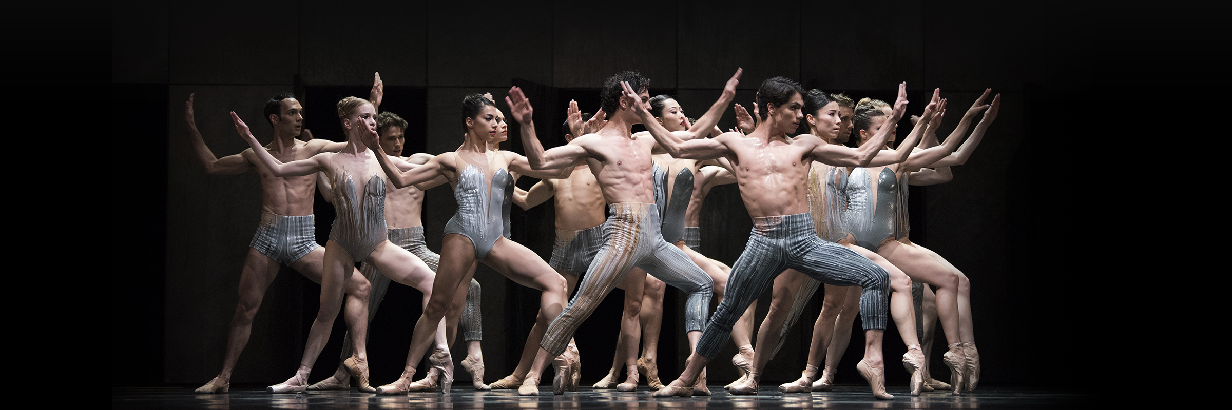 Seven male and seven female dancers lunge to their left, with left ankle raised, arms bent, hands raised, and palms out.