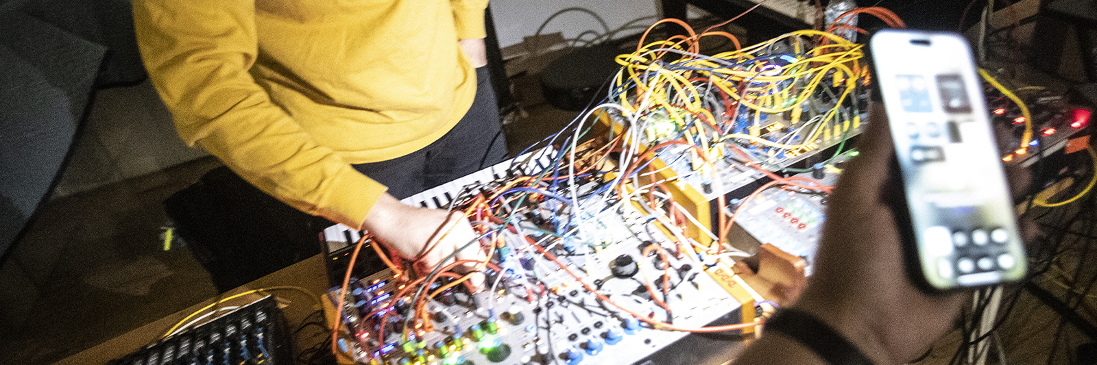 Sam Shepherd with his synthesizer during the Mere Mortals artistic team residency // © Grady Brannan Photography