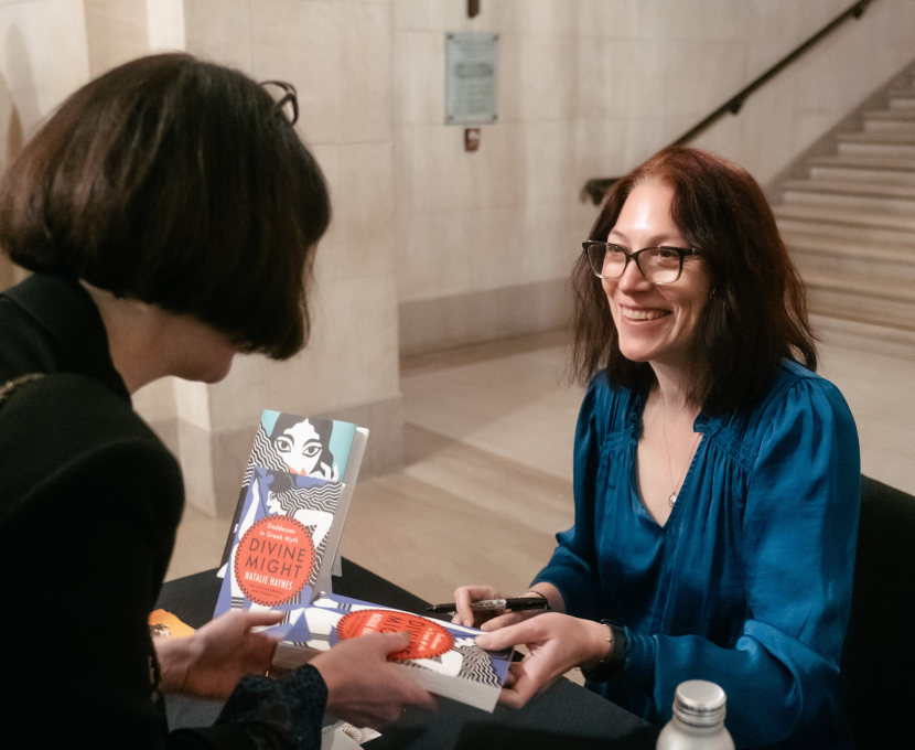 Author Natalie Haynes signing books after a pre-performance talk at War Memorial Opera House